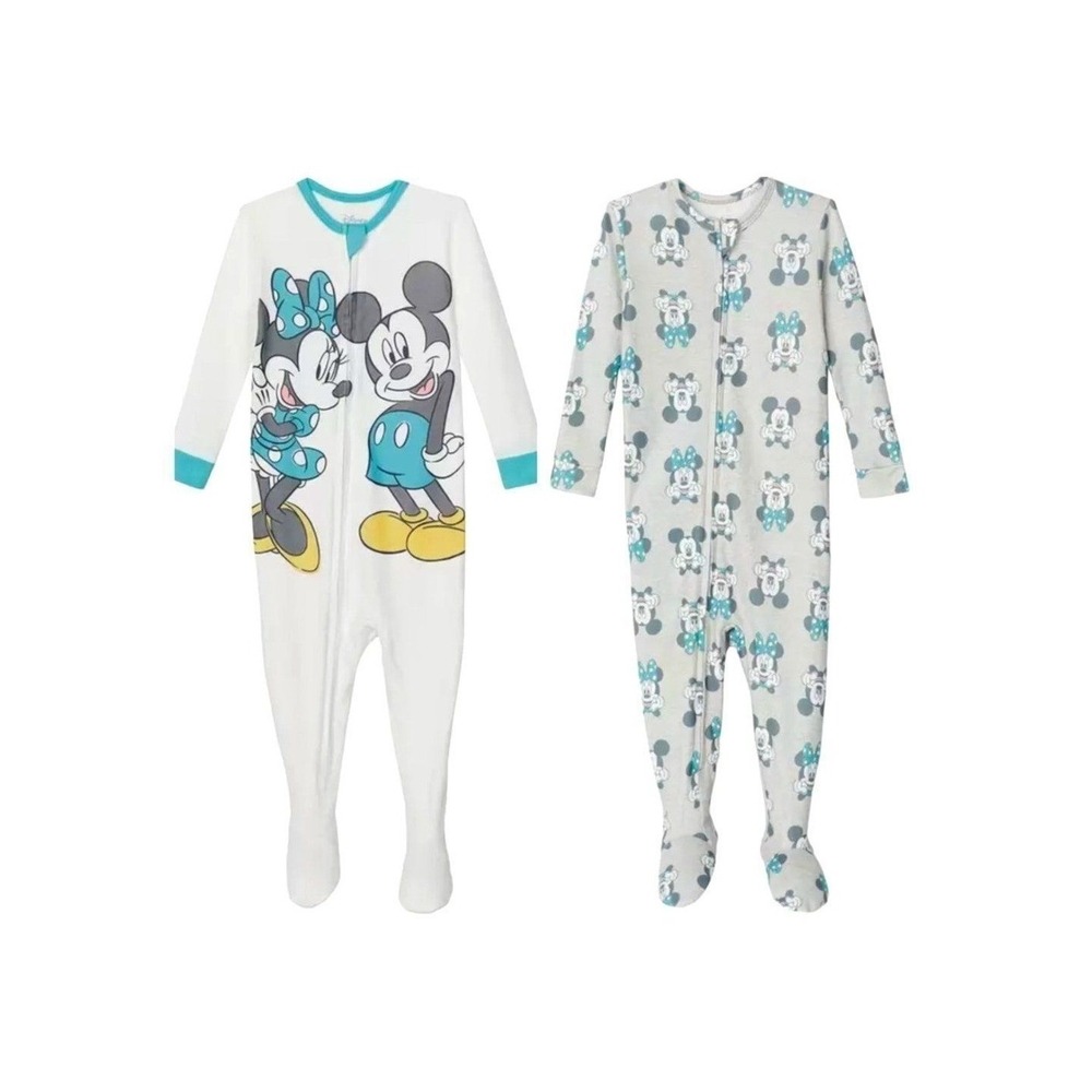 Disney Mickey Minnie Mouse 2 Pack Footed Sleeper Pajamas White‎ Gray 18M New!